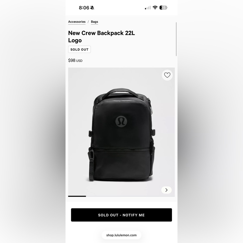 lululemon athletica Black New Crew Backpack